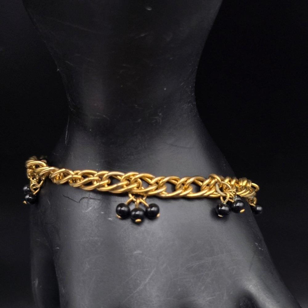 Gold Tone Chain Link Bracelet with Black Beads Vintage Costume Jewelry